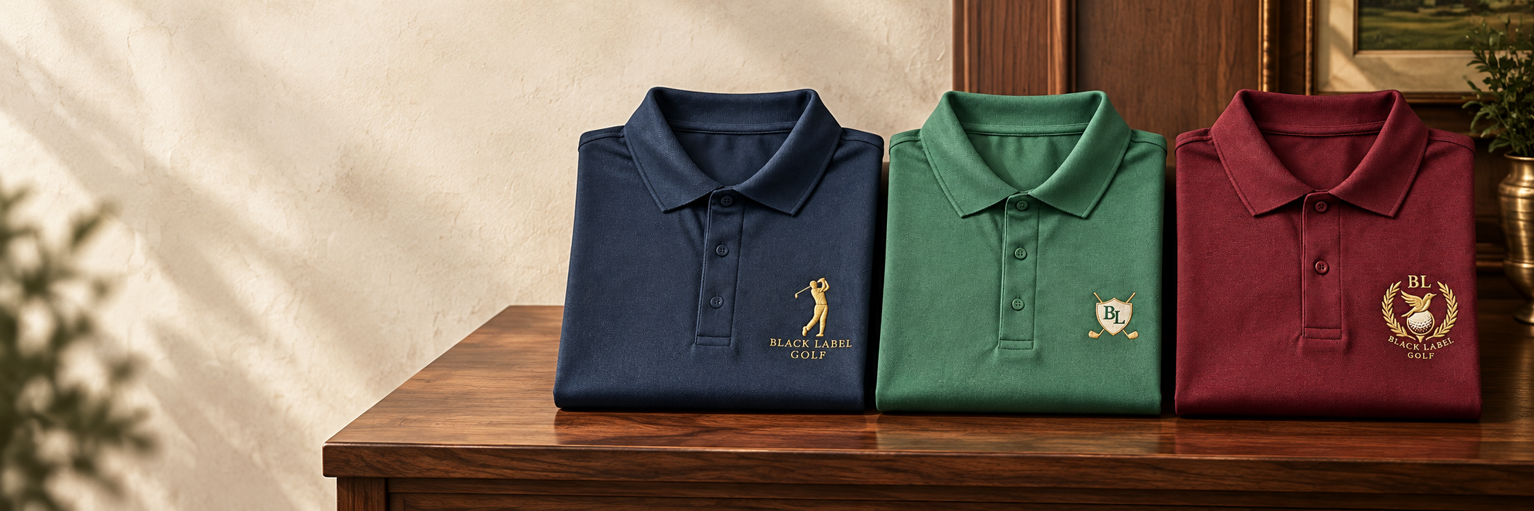 Black Label navy, green and burgundy golf polo design mockups on a clubhouse display.